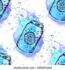 Trendy summer seamless pattern with hand drawn sketch beverages on watercolor texture. Textile and wallpaper background, surface food pattern.