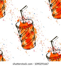 Trendy summer seamless pattern with hand drawn sketch beverages on watercolor texture. Textile and wallpaper background, surface food pattern.