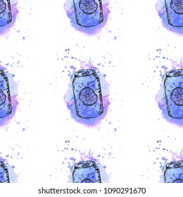 Trendy summer seamless pattern with hand drawn sketch beverages on watercolor texture. Textile and wallpaper background, surface food pattern.