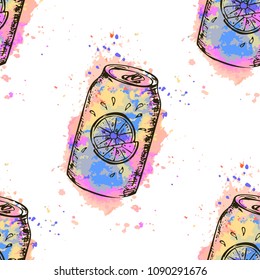 Trendy summer seamless pattern with hand drawn sketch beverages on watercolor texture. Textile and wallpaper background, surface food pattern.