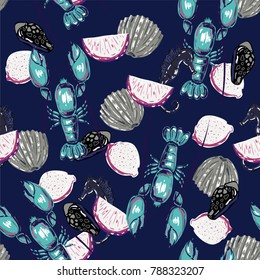 Trendy summer Seamless sea pattern with colorful summer shell and lobsters.Colorful summer lemons and seahorse vector background.Textile texture on ocean blue  background.