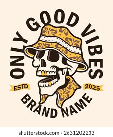 Trendy summer skull vector illustration wearing a hat and shirt