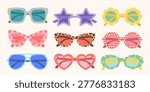 Trendy summer sunglasses set with colorful frames and playful patterns. Flat vector collection with polka dots, flowers, leopard print and geometric shapes. Perfect for fashion design, stickers, posters and social media.