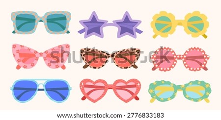 Trendy summer sunglasses set with colorful frames and playful patterns. Flat vector collection with polka dots, flowers, leopard print and geometric shapes. Perfect for fashion design, stickers, posters and social media.