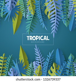 Trendy Summer template with tropical palm leaves and plants in paper cut style.