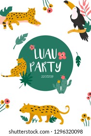 Trendy summer tropical banners with leaves, toucan and for invitations, greeting cards. Aloha, hawaiian, cocktail party