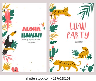 Trendy summer tropical banners with leaves, toucan, macaw, leopards for invitations, greeting cards. Aloha, hawaiian, cocktail party