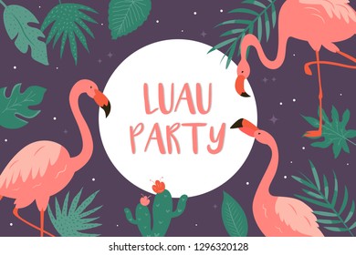 Trendy summer tropical banners with leaves and flamingos for invitations, greeting cards. Aloha, hawaiian, cocktail party