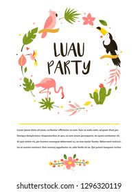 Trendy summer tropical banners with palm leaves, flamingo, toucan and parrot for invitations, greeting cards. Aloha, hawaiian, cocktail party