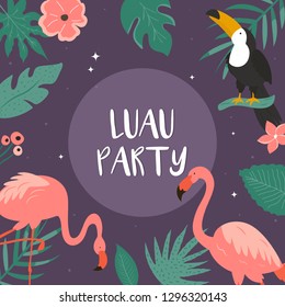 Trendy summer tropical banners with palm leaves, toucan and flamingos for invitations, greeting cards. Aloha, hawaiian, cocktail party