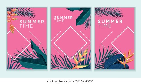 Trendy summer tropical designs templates set. Vivid pink background with various tropical forest leaves. Best for invitations, party and promotion designs. Vector illustrations.