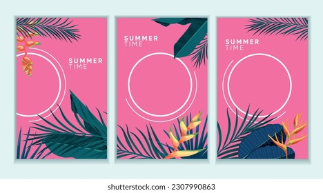 Trendy summer tropical designs templates set. Vivid pink background with various tropical forest leaves. Best for invitations, party and promotion designs. Vector illustrations.