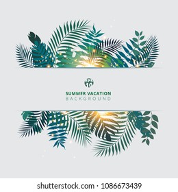 Trendy summer tropical with exotic palm leaves or plants and lighting effect on white background. Vector illustration