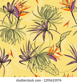 Trendy summer tropical Floral and leaves pattern in the many kind of flowers. Jungle botanical in line hand drawing, Seamless vector texture for fashion fabric on light summer background