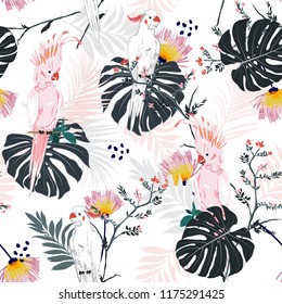 Trendy summer Tropical floral print. Parrot bird in the jungle and flowers in the exotic forest  allover design, seamless pattern vector for fashion ,wallpaoer and all prints on white background color