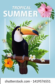 Trendy Summer Tropical Flowers, Leaves, Hornbill. T-shirt Fashion Graphic. Exotic Vector Design