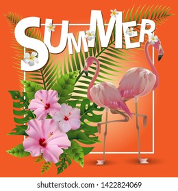 Trendy Summer Tropical Flowers, Leaves, Flamingo. T-shirt Fashion Graphic. Exotic Vector Design