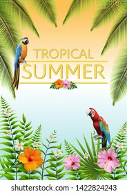 Trendy Summer Tropical Flowers, Leaves, Macore bird. T-shirt Fashion Graphic. Exotic Vector Design