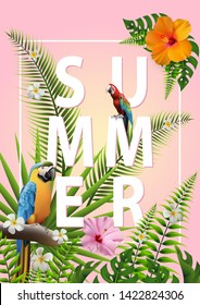 Trendy Summer Tropical Flowers, Leaves, macore bird. T-shirt Fashion Graphic. Exotic Vector Design