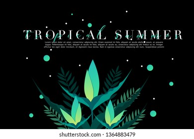 Trendy Summer Tropical Leaves and flower Vector premium card in flat design. flower shop concept. Summer retro card