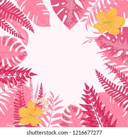 Trendy Summer Tropical Leaves and flowers.Vector Design.