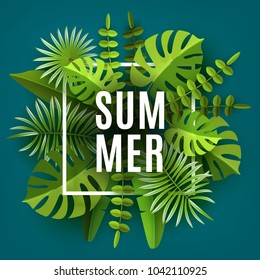 Trendy Summer Tropical Leaves and Plants. Green abstract background with tropical foliage. Cut paper. Vector Design