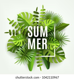 Trendy Summer Tropical Leaves and Plants. Green abstract background with tropical foliage. Cut paper. Vector Design