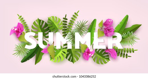 Trendy Summer Tropical Leaves and Plants. Green abstract background with tropical foliage. Cut paper. Vector Design