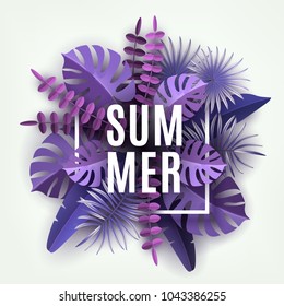 Trendy Summer Tropical Leaves and Plants. Ultraviolet abstract background with tropical foliage. Cut paper. Vector Design