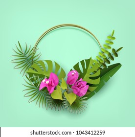 Trendy Summer Tropical Leaves, Plants and Flowers Bougainvillea. Abstract background with tropical foliage. Decorative flowerpots. Cut paper. Vector Design