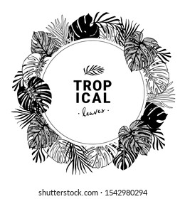 Trendy summer tropical leaves in round frame. Wreath of tropical leaves. Ink line drawings.  Vector design.