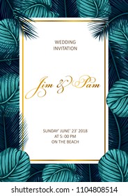 Trendy Summer Tropical Leaves Vector Design. Wedding invitation.