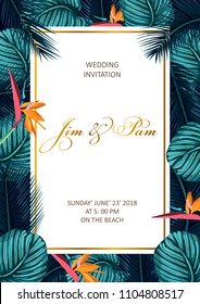 Trendy Summer Tropical Leaves Vector Design. Wedding invitation.