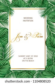 Trendy Summer Tropical Leaves Vector Design. Wedding invitation.