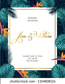 Trendy Summer Tropical Leaves Vector Design. Wedding invitation.