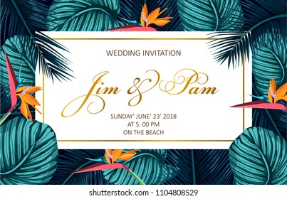 Trendy Summer Tropical Leaves Vector Design. Wedding invitation.