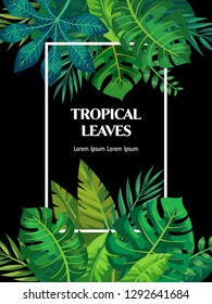 Trendy Summer Tropical Leaves Vector Design. Floral pattern. Doodle vector card with background with leaves. Colorful tropical illustration.