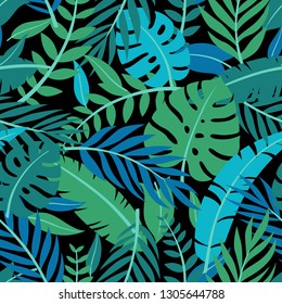 Trendy Summer Tropical Leaves Vector Design. Floral seamless pattern. Doodle vector background with leaves. Colorful tropical illustration.