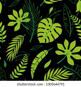 Trendy Summer Tropical Leaves Vector Design. Floral seamless pattern. Doodle vector background with leaves. Colorful tropical illustration.