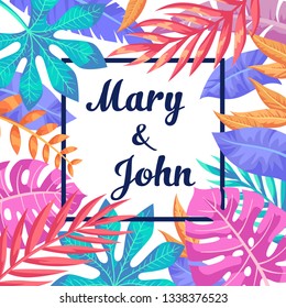 Trendy Summer Tropical Leaves Vector Design. Exotic flovers.  Invitation card.