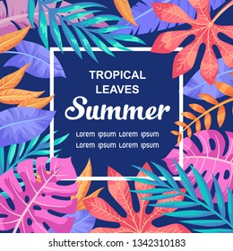 Trendy Summer Tropical Leaves Vector Design. Exotic flovers.  Invitation card.