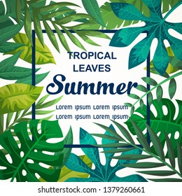 Trendy Summer Tropical Leaves Vector Design. Exotic flovers.  Invitation card.