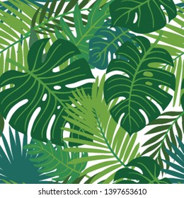 Trendy Summer Tropical Leaves Vector Design. Floral seamless pattern. Doodle vector background with leaves. Colorful tropical illustration.