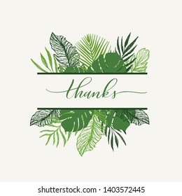 Trendy Summer Tropical Leaves Vector Design with calligraphy.