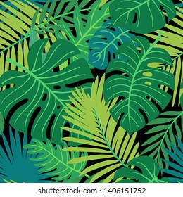 Trendy Summer Tropical Leaves Vector Design. Floral seamless pattern. Doodle vector background with leaves. Colorful tropical illustration.