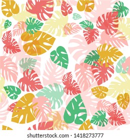 Trendy Summer Tropical Leaves Vector Design. Seamless colorful tropical monstera pattern