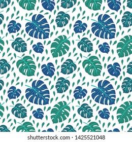 Trendy Summer Tropical Leaves Vector Design. Floral seamless pattern. Doodle vector background with leaves. Colorful tropical illustration.