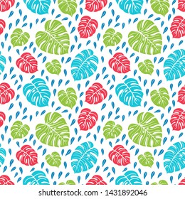 Trendy Summer Tropical Leaves Vector Design. Floral seamless pattern. Doodle vector background with leaves. Colorful tropical illustration.