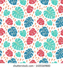 Trendy Summer Tropical Leaves Vector Design. Floral seamless pattern. Doodle vector background with leaves. Colorful tropical illustration.