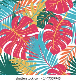 Trendy Summer Tropical Leaves Vector Design. Floral seamless pattern. Doodle vector background with leaves. Colorful tropical illustration.
